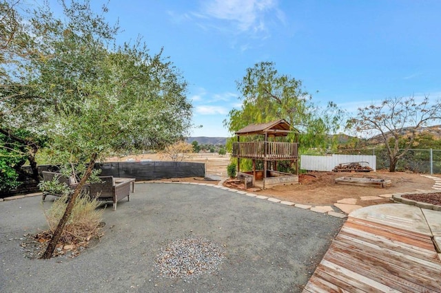 view of patio with a mountain view