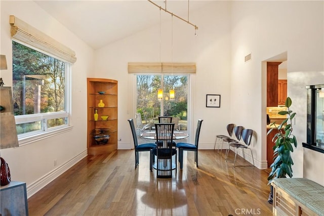 dining room with high vaulted ceiling, hardwood / wood-style floors, and a chandelier