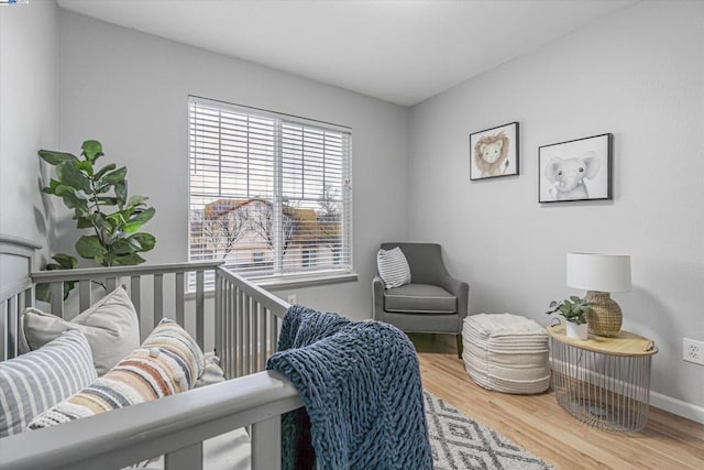 interior space featuring wood-type flooring and a crib