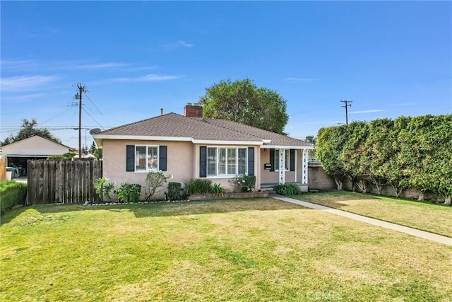 single story home with a chimney, a front yard, fence, and stucco siding