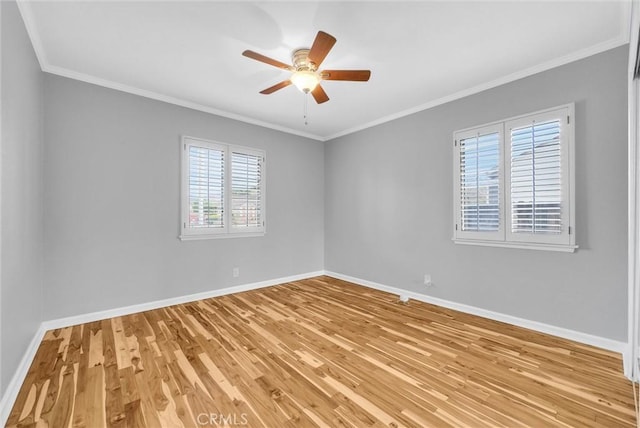 unfurnished room with crown molding, ceiling fan, and light wood-type flooring