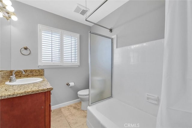 full bath with visible vents, toilet, vanity, tile patterned flooring, and baseboards