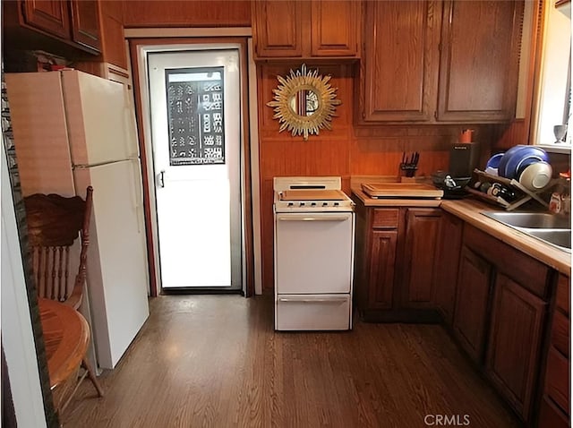 kitchen with white appliances, dark hardwood / wood-style flooring, and sink