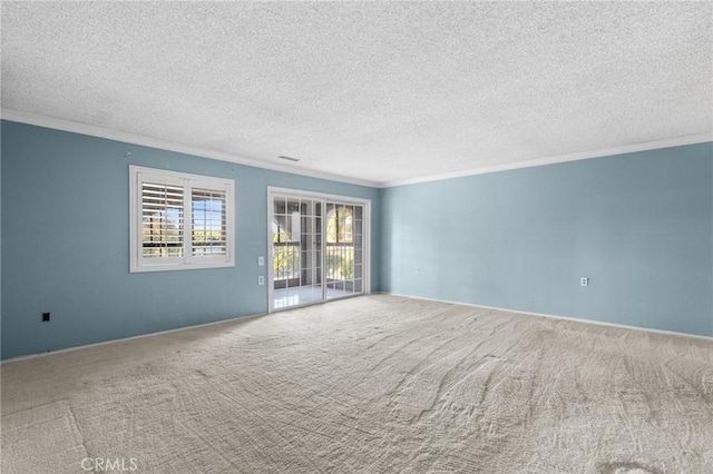 spare room with ornamental molding, carpet floors, and a textured ceiling