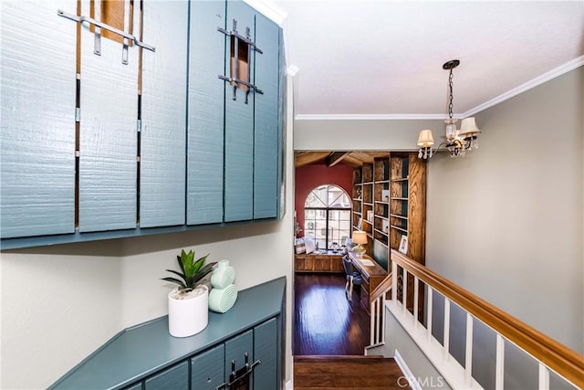 hall with an inviting chandelier, vaulted ceiling with beams, crown molding, and dark hardwood / wood-style floors