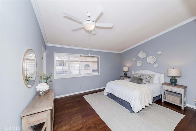 bedroom with multiple windows, ornamental molding, dark hardwood / wood-style floors, and ceiling fan