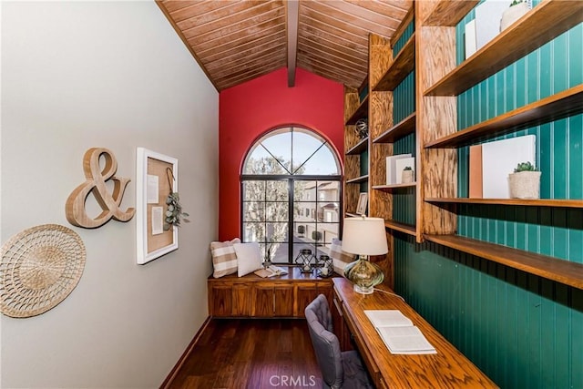 home office with lofted ceiling, dark hardwood / wood-style flooring, and wooden ceiling