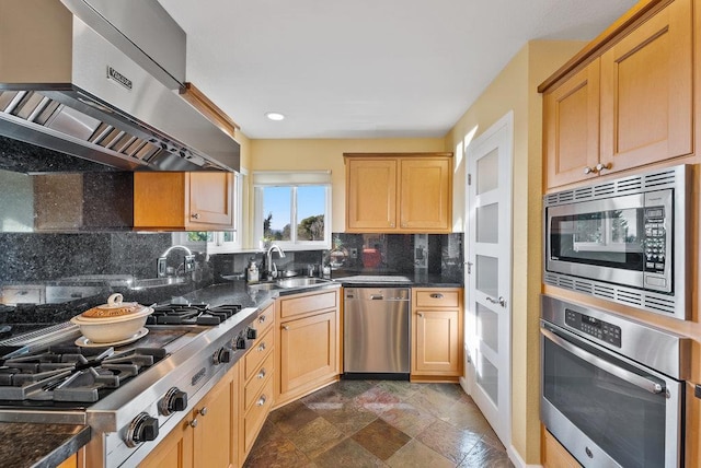 kitchen with extractor fan, backsplash, stainless steel appliances, and sink