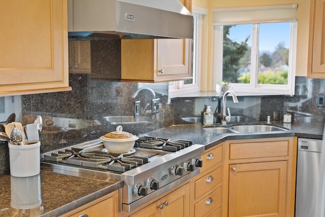 kitchen with tasteful backsplash, appliances with stainless steel finishes, sink, and wall chimney range hood