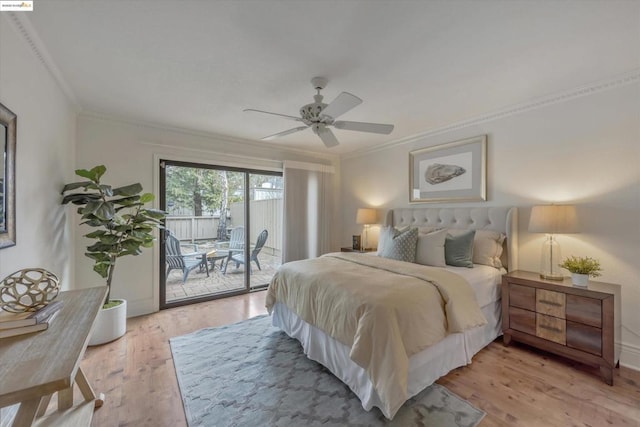 bedroom with wood-type flooring, ornamental molding, access to outside, and ceiling fan