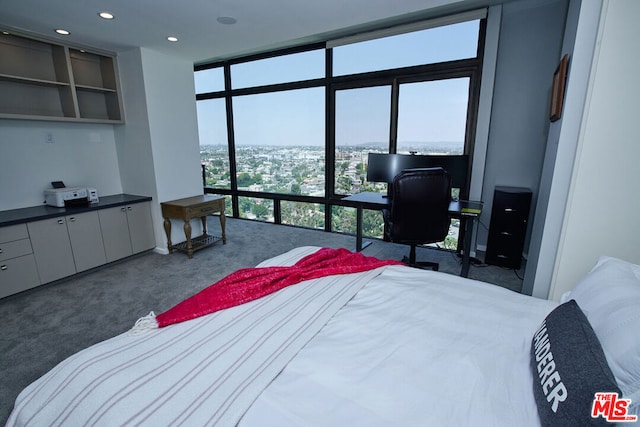 bedroom featuring floor to ceiling windows and dark colored carpet