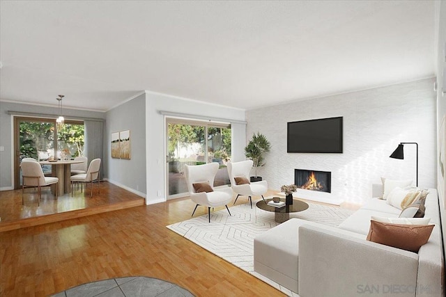 living room with ornamental molding and hardwood / wood-style floors