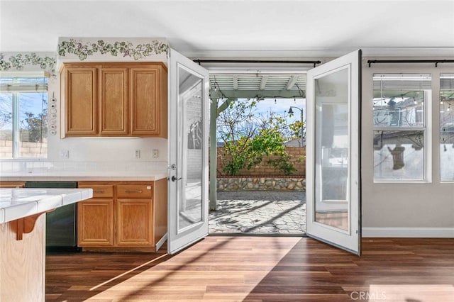 entryway with dark wood-style floors, french doors, and baseboards