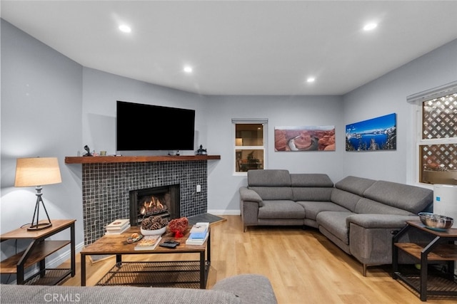 living room with a fireplace and light hardwood / wood-style flooring