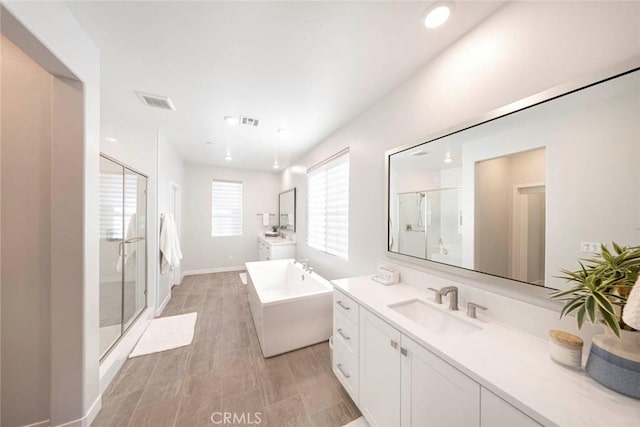 bathroom featuring vanity and separate shower and tub