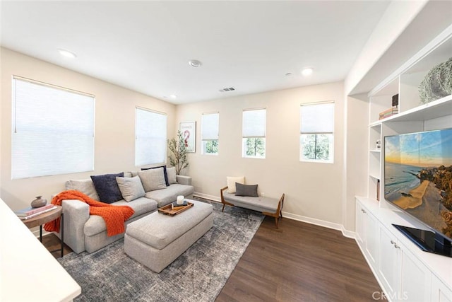 living room featuring dark wood-type flooring