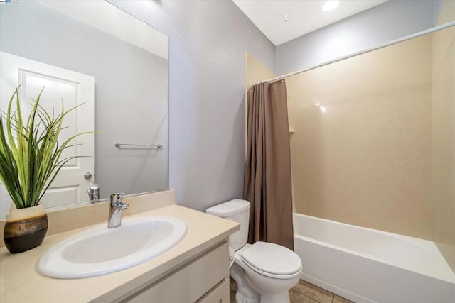 full bathroom with vanity, tile patterned flooring, shower / bath combination with curtain, and toilet