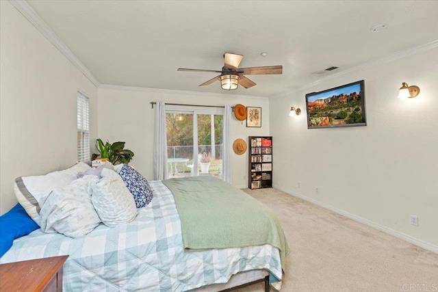 bedroom featuring access to outside, carpet, visible vents, and ornamental molding