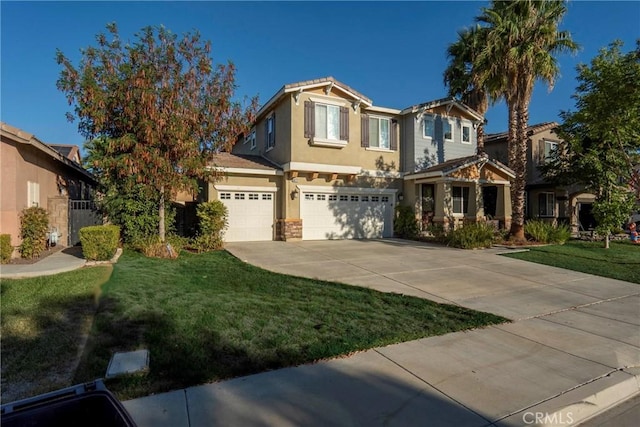 30272 Tattersail Way, Menifee, CA 92584 - view of front of house featuring concrete driveway, stucco siding, a garage, a front yard, and stone siding