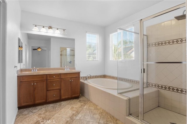 30272 Tattersail Way, Menifee, CA 92584 - full bath with a shower stall, a bath, double vanity, tile patterned floors, and a ceiling fan