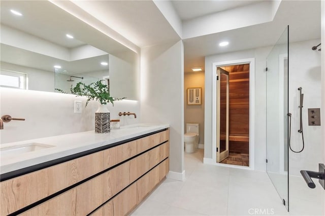 bathroom with double vanity, toilet, a walk in shower, and a sink