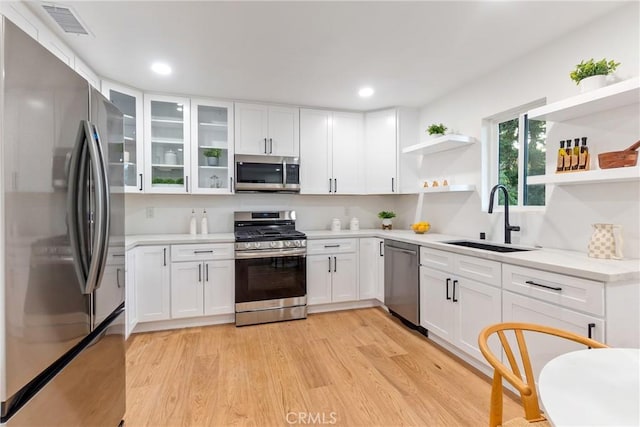 kitchen featuring open shelves, a sink, stainless steel appliances, white cabinetry, and light wood-type flooring