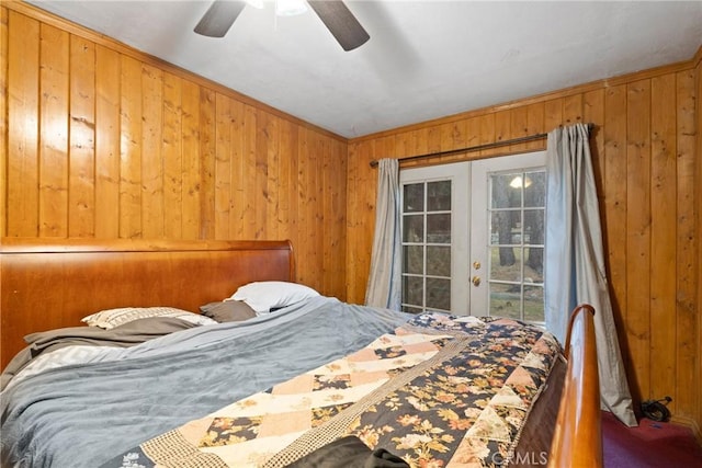 1149 Apple Ave, Wrightwood, CA 92397 - bedroom with wooden walls, access to outside, a ceiling fan, multiple windows, and french doors