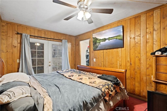 1149 Apple Ave, Wrightwood, CA 92397 - carpeted bedroom with access to exterior, french doors, a ceiling fan, wood walls, and baseboards
