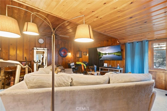 1149 Apple Ave, Wrightwood, CA 92397 - living room featuring carpet flooring, wooden ceiling, wood walls, and lofted ceiling