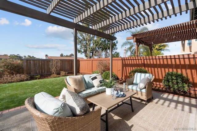 view of patio featuring an outdoor living space and a pergola