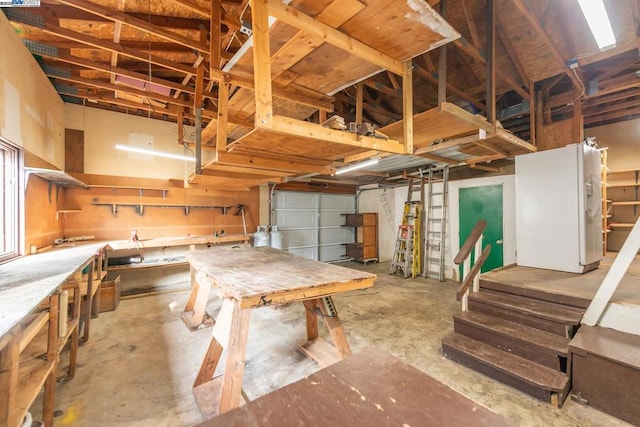 garage with white refrigerator