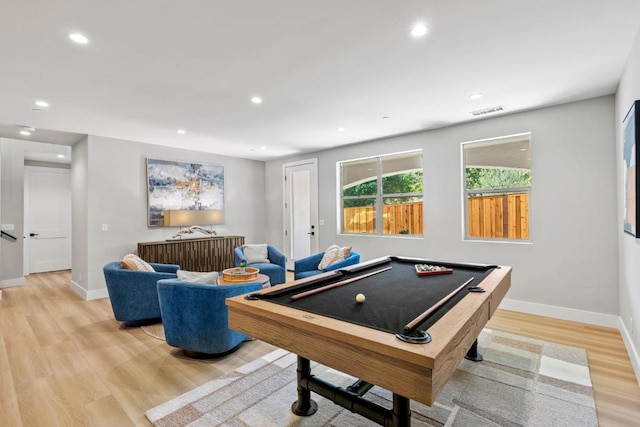 rec room with billiards and light wood-type flooring