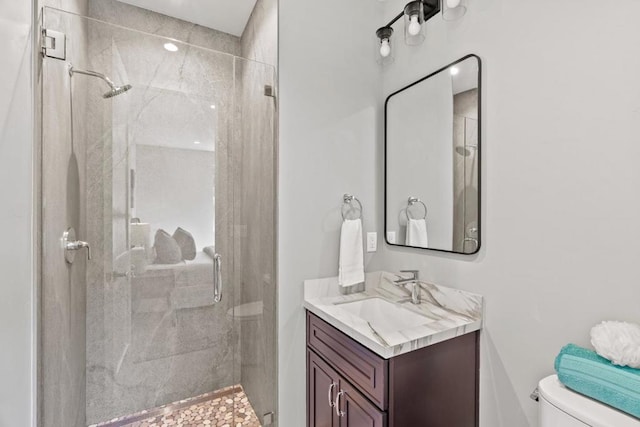 bathroom with vanity, toilet, and a shower with shower door