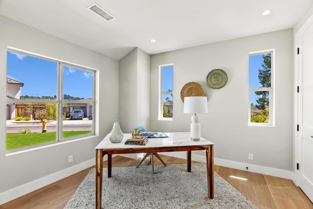 office space with a wealth of natural light and light hardwood / wood-style floors