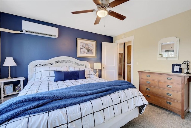 carpeted bedroom with a wall mounted air conditioner and ceiling fan