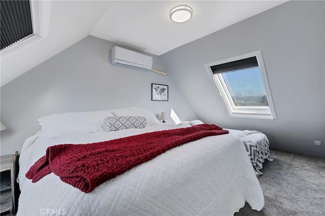 carpeted bedroom featuring lofted ceiling and a wall mounted air conditioner