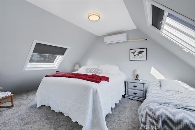 bedroom featuring multiple windows, light carpet, and a wall mounted air conditioner