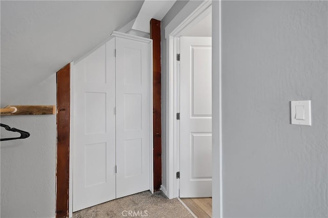 hall featuring lofted ceiling