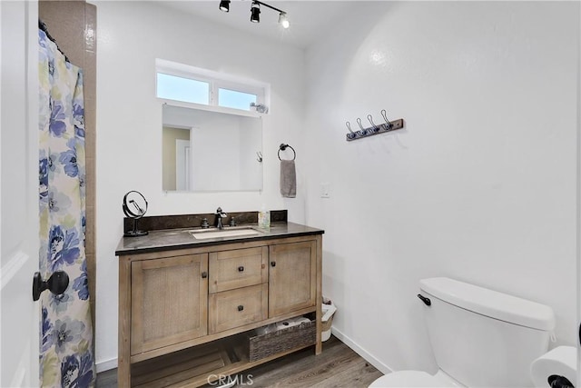 bathroom with hardwood / wood-style flooring, vanity, toilet, and curtained shower