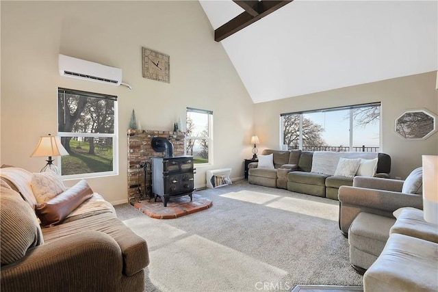 living room featuring plenty of natural light, a wall mounted air conditioner, carpet, and high vaulted ceiling