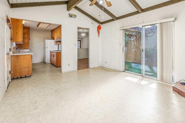 unfurnished living room with lofted ceiling with beams, sink, wooden ceiling, and ceiling fan