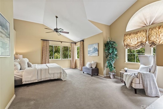 bedroom featuring baseboards, carpet flooring, and high vaulted ceiling