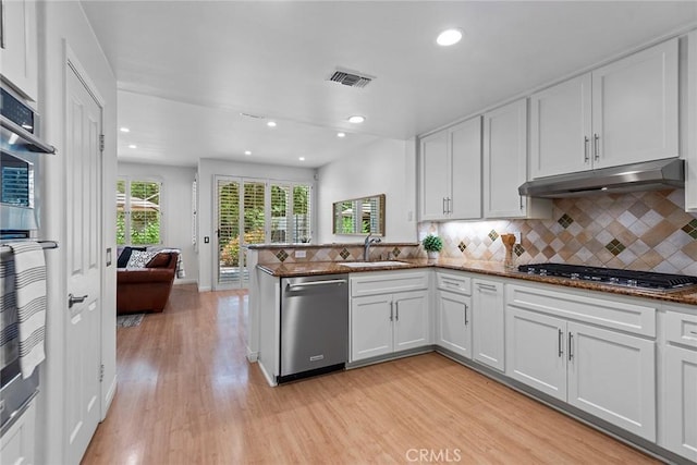 kitchen featuring visible vents, appliances with stainless steel finishes, a sink, light wood-style floors, and under cabinet range hood