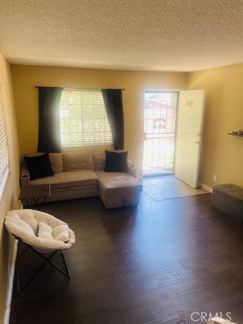 living room with dark hardwood / wood-style floors and a textured ceiling