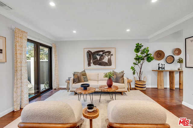 living room featuring crown molding and dark hardwood / wood-style flooring