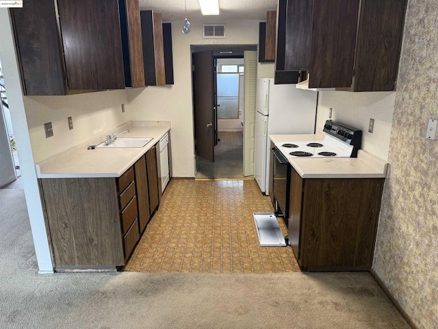 kitchen featuring dark brown cabinets, sink, and white appliances