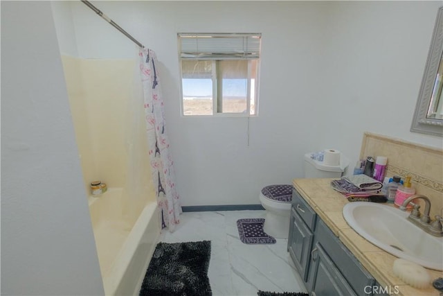 full bathroom featuring vanity, shower / tub combo with curtain, and toilet