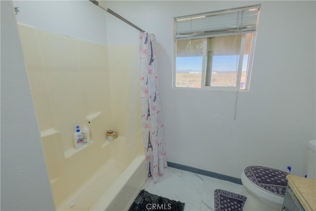 full bathroom with vanity, toilet, and shower / bath combo