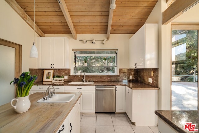 kitchen featuring white cabinetry, dishwasher, and wooden ceiling