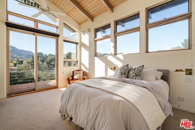 bedroom with carpet floors, access to exterior, ceiling fan, wooden ceiling, and beam ceiling